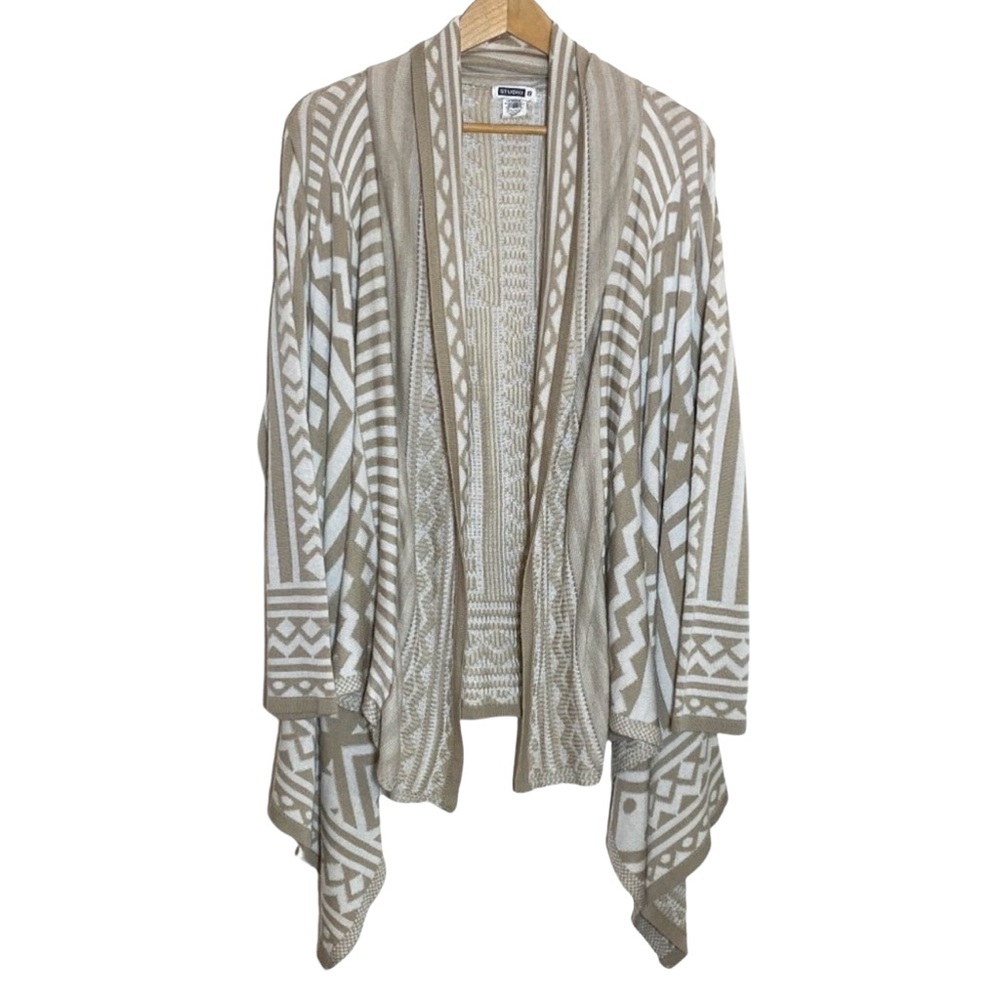 Studio 8 Open Front Cardigan Wrap Tan & White Modern Geographic Pattern Size 3X